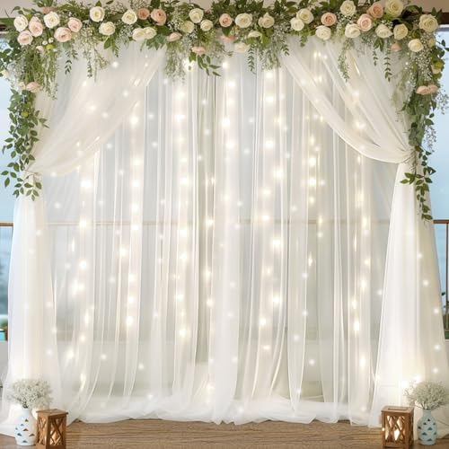 Amazon.com: BBTO 2 Panels White Tulle Backdrop Curtain with Lights ...