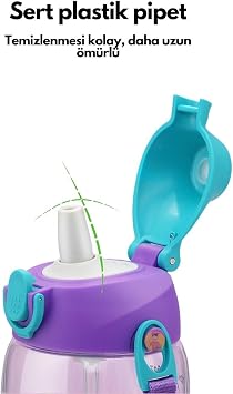 Uzspace 480ml Kılıflı 2 Ayrı Kapaklı Pipetli/Pipetsiz Tritan Çocuk Su Matarası Mor-Yavruağzı
