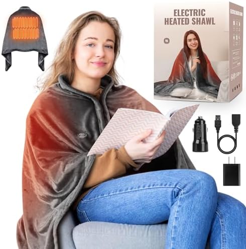Qfun Portable USB Heated Blanket Shawl - Wearable Cordless Electric Heated Blanket for Outdoors 3 Heating Levels with Car Charger, USB Operated Camping Heated Blanket, Grey (Battery is Not Included)