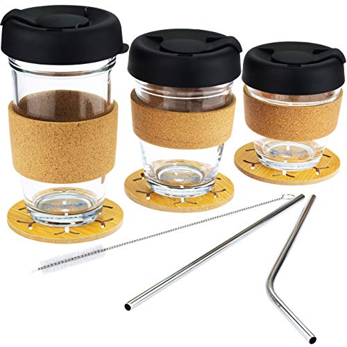 Joyfull Items 3 Pack Resusable Glass Coffee Cups with Straws lid Coasters Brush for Juice Tea Drink Travel Mug