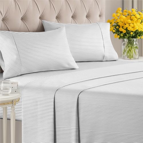 Image of Queen 4 Piece Striped Sheet Set - Soft, Breathable & Cooling - Fine Lines | 1 Flat, 1 Fitted & 2 Pillowcases w / Deep Pockets, Luxury Striped Bedding, Soft, Breathable & Cooling, Wrinkle & Fade Free