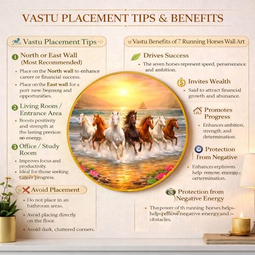 Image of 7 Running Horses in Water Round Wall Art Painting With Frame For Living Room| Vastu Prosperity Decor Framed Painting | Round Artistic Wall Hanging for Home, Office & Gifting, 12 Inch