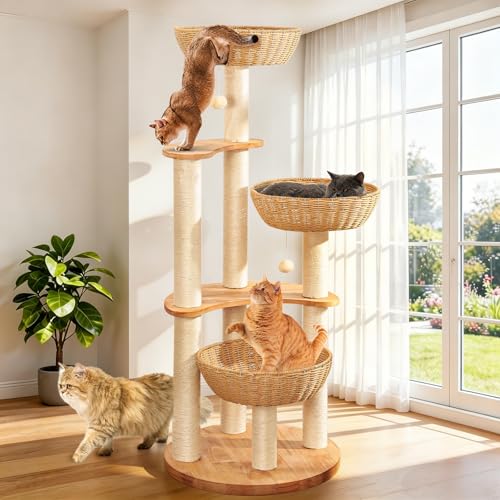 54" Modern Cat Tree Tower for Indoor Cats, Oak Cat Scratching Tree for Multiple Large Cats, Manual Hand Woven Luxury Cat Condo, Unique High-end Design Cat Furniture Activity Centre, Easy Clean