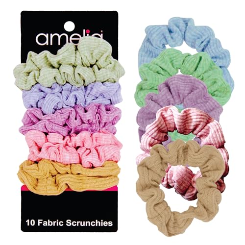 Amelia Beauty, Medium Pastel Mix Ribbed Jersey Scrunchies, 2.5in Diameter, Gentle on Hair, Strong Hold, No Snag, No Dents or Creases. 10 Pack