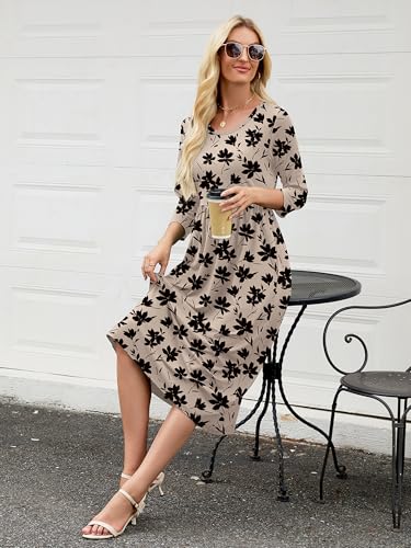 Image of Heymoments Women's Casual 3 /4 Sleeve Midi Dress Crewneck A Line Tiered Flowy Loose Travel Long Dresses with Pockets