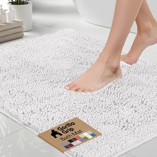 Image of GORILLA GRIP Bath Rug Mat, Thick Soft Absorbent Chenille, Quick Dry Microfiber Mats, Rubber Backing Washable Shower Floor Rugs, US Designed Bathroom Bathmat Home Decor Accessories, 24x17, White