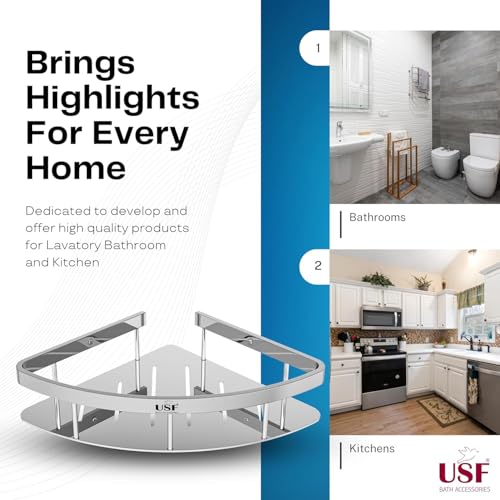 Image of USF Heavy-Duty Stainless-Steel Bathroom Shelf, Wall Mounted Square Rack Organizer for Bathroom & Kitchen Accessories, Space Saving Storage, Chrome Finish (Pack of 2)