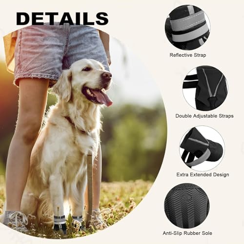 AMOMYDOG Hundeschuhe, 4 Stück Atmungsaktive Hunde Schuhe Outdoor mit Rutschfester Sohle, Verstellbarem Reflektierendem Klettverschluss Hundestiefel für kleine, Mittlere und Große Hunde (Schwarz, XXL)