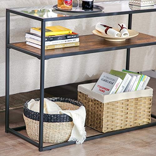 VASAGLE Console Table, Entrance Console, Tempered Glass Top, Robust Steel Frame, Easy Assembly, for Living Room Hallway, Industrial Style, Rustic Brown and Black LNT10BX
