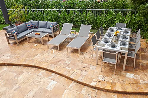 Belvedere 16-Piece Brushed Aluminum Combination Outdoor Patio Furniture Set w/Sectional Sofa Set, Eight-seat Dining Set, and Chaise Lounge Set Belvedere 16-Piece Brushed Aluminum Combination Outdoor Patio Furniture Set w/Sectional Sofa Set, Eight-seat Dining Set, and Chaise Lounge Set