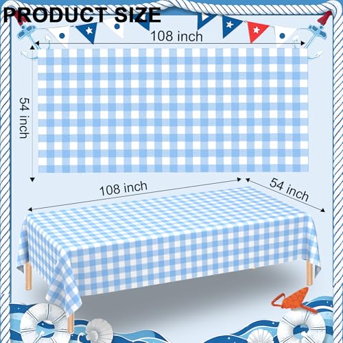 Image of 3 Pack Light Blue Gingham Tablecloth Rectangular Pale Blue and White Checkered Tablecloths Disposable Plastic Plaid Table Cover for Parties, Outdoor Picnic, Birthday, Wedding, Camping 54 x 108 Inch