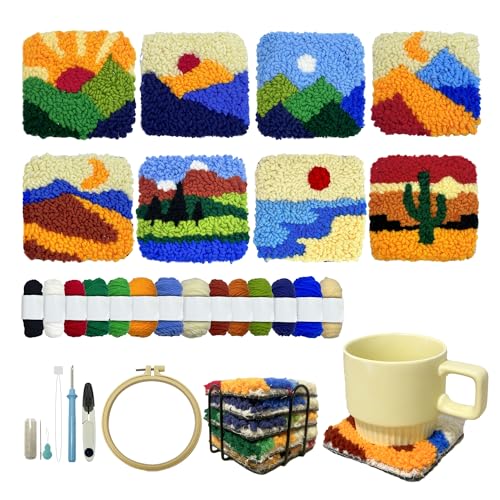 SEREDH Punch Needle Coasters Kit for Beginners Adults Easy Needle Punch Embroidery Tool Set DIY Making Kit Supplies, 8 Pattern Landscape Art Crafts Gifts