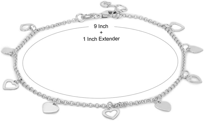 Vanbelle Sterling Silver Jewelry - Rhodium Plated 925 Stamp - Dangling Open and Close Heart Charm Anklet - Foot Jewelry Stylish Beautifully Designed - 9" Long + 1" Extender - Image 4