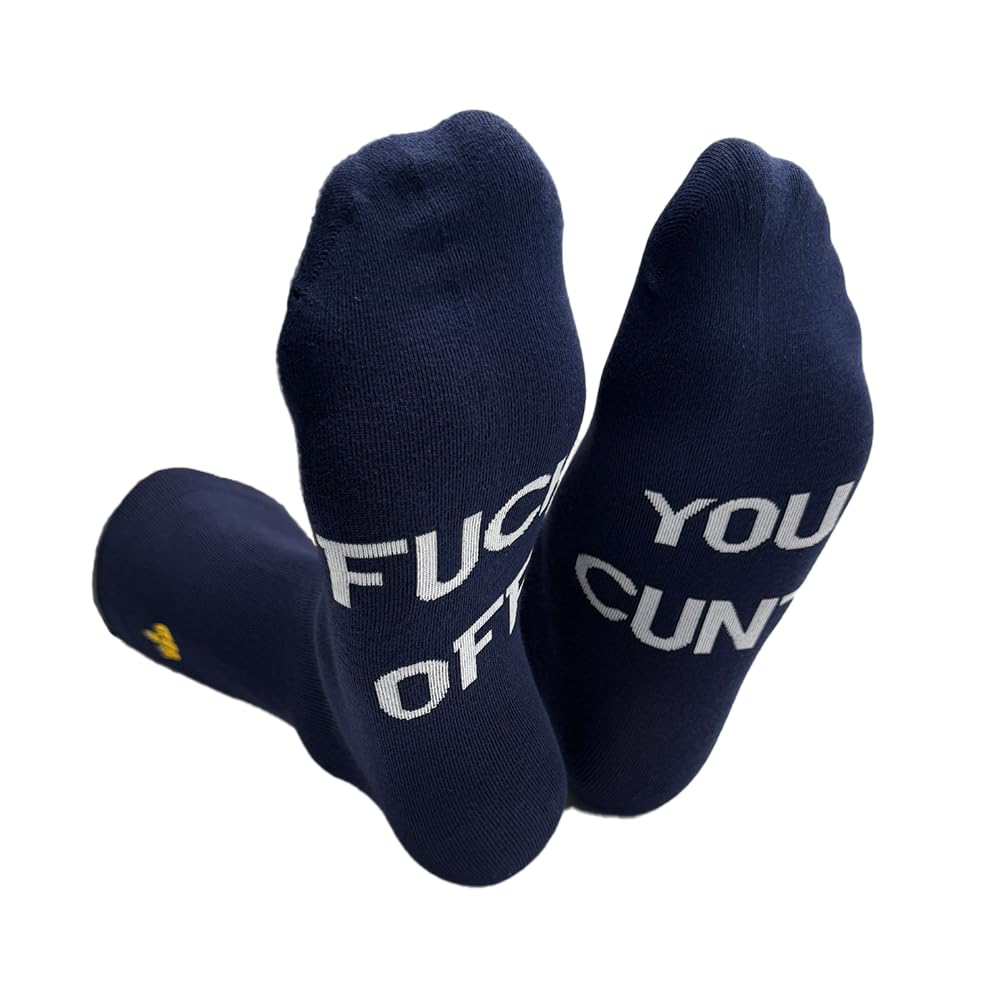 Funny Socks for Men & Women- Premium Quality Novelty Socks with Rude Slogan- Unique Humorous Gifts for Birthday- Cunt gifts with Funny Sayings (Cotton, Fuck Off You Cunt - Navy Blue)