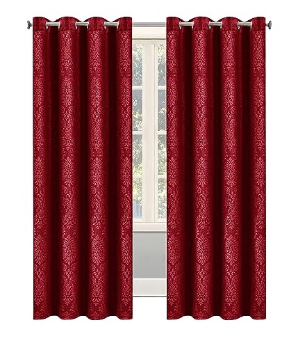 OpulentDreams Embossed Woven Thermal Curtains - Room Darkening Ring-Top Curtains for Bedroom & Living Room - Includes Tie Backs - Pair of Panels (90 x 90 (228 x 228 cm), Red - Eyelet)