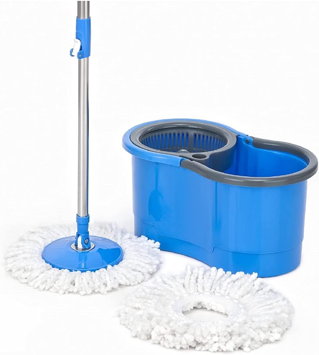 Bucket Floor Cleaning and Mopping System Spin Mop Prime with Big Wheels and Stainless Steel Wringer,2 Microfiber Refills, (BLUE)