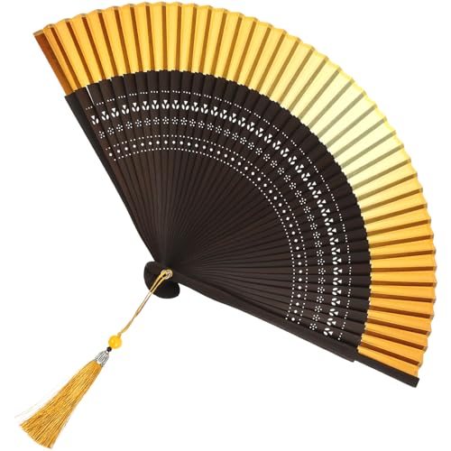 Abaodam Abanico de Mano Plegable Estilo Chino con Borla Abanico Portátil de Bambú en Degradado Amarillo para Bodas Fiestas y Decoración Elegante