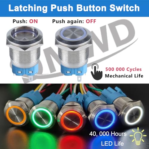 Image of 2pcs 22mm Metal Latching Push Button Switch Silver Shell with Pigtail for 7 /8 inch Mounting Hole, 12V-24V ON Off 5Pins 1NO 1NC Halo Ring Green