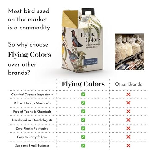 Flying Colors Premium Organic Wild Bird Seed | Millbrook 'No-Mess' Blend | 100% Usda Organic Ingredients | Waste Free, No Fillers, No Pesticides | Sunflower Seed, Peanut | 3 Gallon Easy-Pour Carton #TOP3