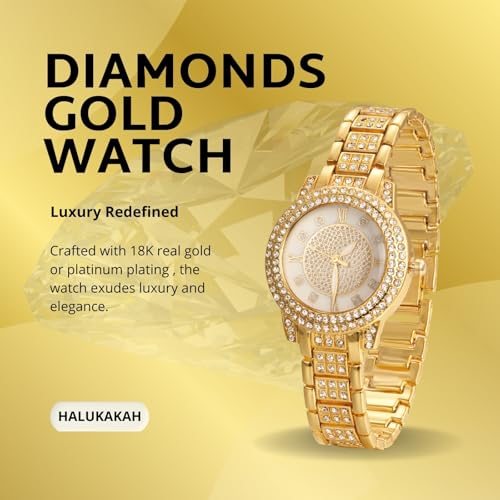 Halukakah Diamonds Watch Iced Out for Boy Teens Kids - 18K Real Gold/Platinum Plated, Gypsophila Rhinestones Round Dial, Japanese Quartz - 7.7" Length - Optional with Cuban Link Chain - for Birthday2