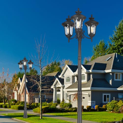 Outdoor Lamp Post Light, Black Outside High Pole Light 3-Head Waterproof Modern Exterior Street Lamp Road Lighting Fixture for Garden, Backyard, Patio, Lawn, Pathway, Driveway - Image 6
