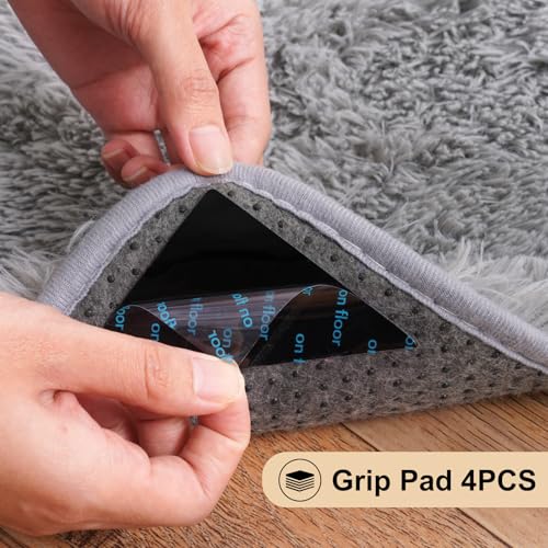 3x5 Rugs for Bedroom, Fluffy Area Rugs for Living Room, Soft Shag Kids Rug Small Carpet with 4 Non-Slip Rug Pads (Light Grey, 3ft x 5ft)