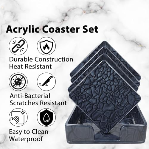Image of Unbreakable Acrylic Coaster Set - 6 Black Square Drink Coasters for Home Office, Gaming, and Study Decor - Stylish Moisture-Protecting Accessories for Tea and Coffee (Black)