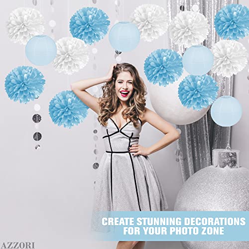 15Pcs Blue Pom Pom Decorations - Blue and White Pom Poms Flowers Decoration Blue Tissue Paper Lanterns Party Decorations - Light Blue Tissue Paper Flowers Decorations Birthday Decorations for Women - Thumbnail 5
