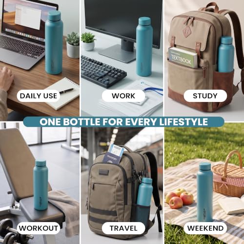 Image of CASPIAN / / / Astra Stainless Steel Water Bottle 1 litre (1000 ml) | Single Wall, Leakproof & BPA-Free | Reusable Metal Bottle for Fridge, Home, Office, Gym, School & Travel, Tropical Teal, Pack of 1