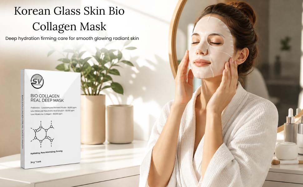 Image of Bio Collagen Face Mask | Sheet Mask | Overnight Mask | Korean Glass Skin Face Mask Sheets for Deep Hydration, Pore Minimizing, Firming & Moisturizing | Paraben-Free | For All Skin Types - 1 Piece | 34g