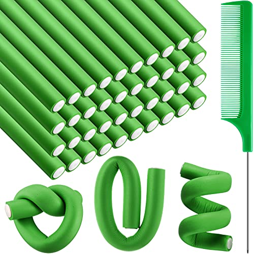 40 Pieces Flexible Curling Rods Twist Foam Hair Rollers Soft Foam No Heat Hair Rods Rollers and 2 Pieces Steel Pintail Comb Rat Tail Comb for Women Girls Long and Short Hair (Green,0.79 x 9.4 Inch)