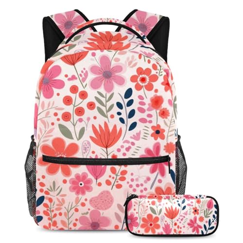 Sac à livres de voyage et loisirs pour adolescents motif fleuri rose et sa pochette