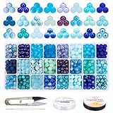 El paquete incluye: alrededor de 624 ~ 720 cuentas de vidrio marino azul de 24 colores de 8 mm, 1 par de herramientas de acero, 2 rollos de hilo de cristal elástico de 1 mm, 2 agujas de cuentas de ojo grande. Puedes utilizar este kit de cuentas para hacer pulseras en color azul.