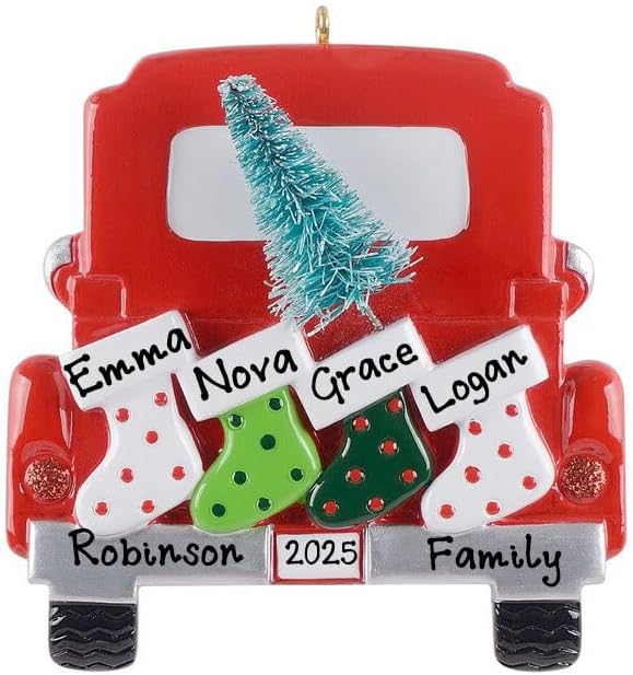 Adornos de Navidad personalizados de camión rojo vintage 2023, familia de 4 medias con árbol de Navidad para decoración colgante familiar (Familia