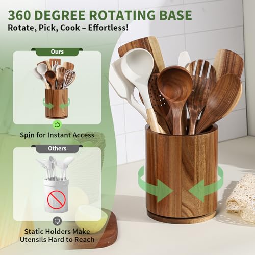 gorsent Wooden Utensil Holder, 360°Rotating 7.3'' Large Utensil Holder for Kitchen Counter, Kitchen Utensil Organizer, Utensil Crock, Farmhouse Kitchens Countertop Decor, Acacia Wood - Image 2