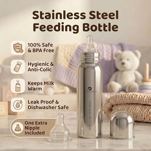 Image of StarAndDaisy Baby Milk Bottle for new Born /Infant /Toddler Pack of 2-300 ML SUS 304 Steel Baby Feeding Bottle for 0+ Months, BPA Free Leakproof Bottle, Anti Colic, Easy to Clean & Extra Nipple