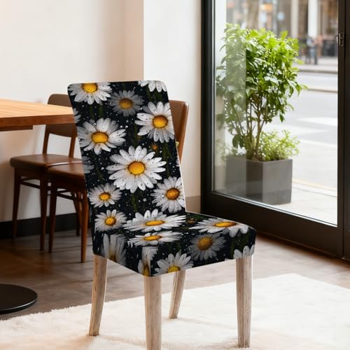 Image of Nuxovilar 6PCS White Daisy Dewdrop Dining Chair Seat Covers Milk Silk | Stretch Slipcover Furniture Protector Daisy Wrap Seat Guard Dining Room Morning Brunch Home Kitchen (Dewdrop Floral)