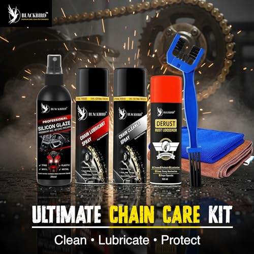 Image of BLACKBIRD Bike Care Kit Chain Lube Spray 220ml, Chain Cleaner Spray 220ml, De-Rust 120ml, All in One Polish 200ml, Chain Cleaning Brush & 2 Pc Microfiber Cloth Motorcycle Cleaning Maintenance Combo