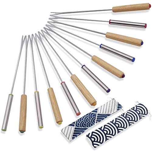 12 Pcs Fondue Fork, Stainless-Steel Color Coding Fondue Forks, 6 Pcs With Oak Wood Handle And 6 Pcs With Stainless Steel Handle For Chocolate Fountain Cheese Fondue #TOP5