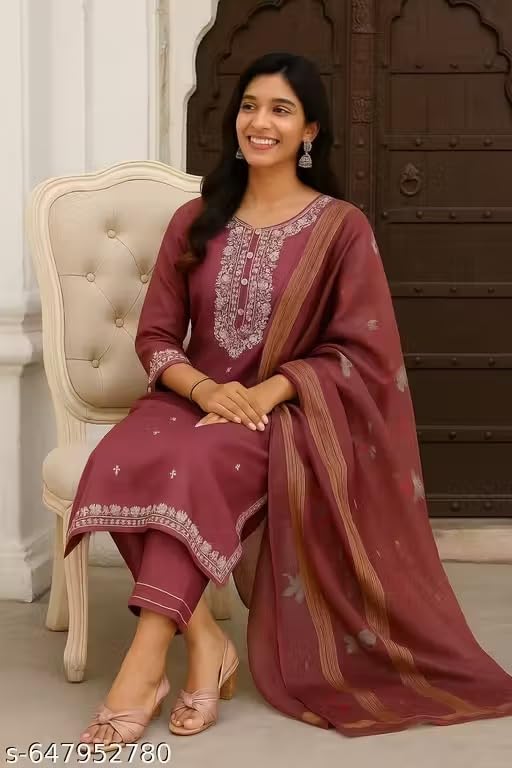 Image of Women's Chanderi Silk Kurti with Rayon Slub Pants & Dupatta | Printed Three-Quarter Sleeve Ethnic SetRound Wine