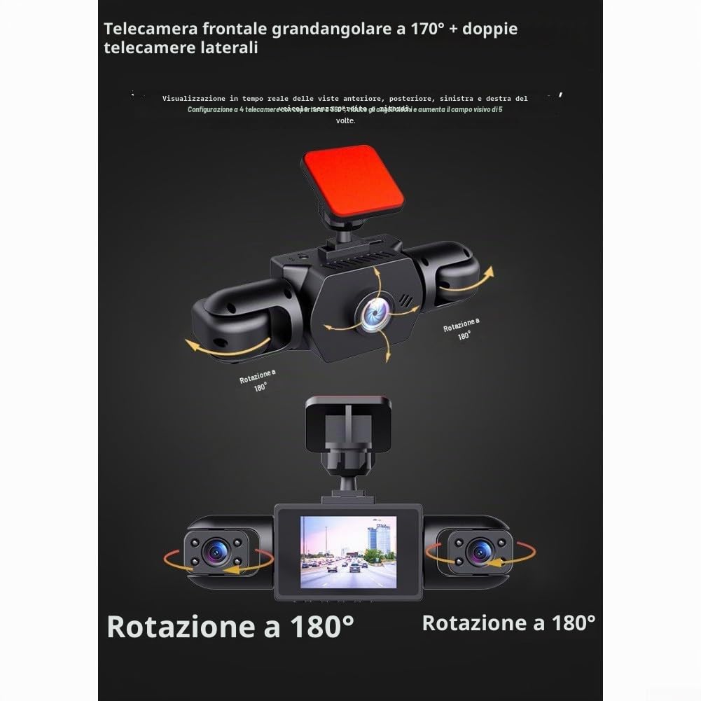 Sistema di Dashcam per Auto a Vista Completa 360° con Fotocamera Anteriore 4K UHD e Lenti Laterali Posteriori 1080P, Display IPS da 3,16 Pollici, Rilevamento di Movimento e Registrazione Ciclica per