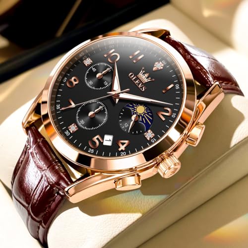 Image of OLEVS Men's Watches Brown Leather with Date,Casual Watches for Men,Large Face Watches Men,Chronograph Mens Watch,Sport Waterproof Business Dress Analog Quartz Men's Wrist Watches Reloj De Hombre