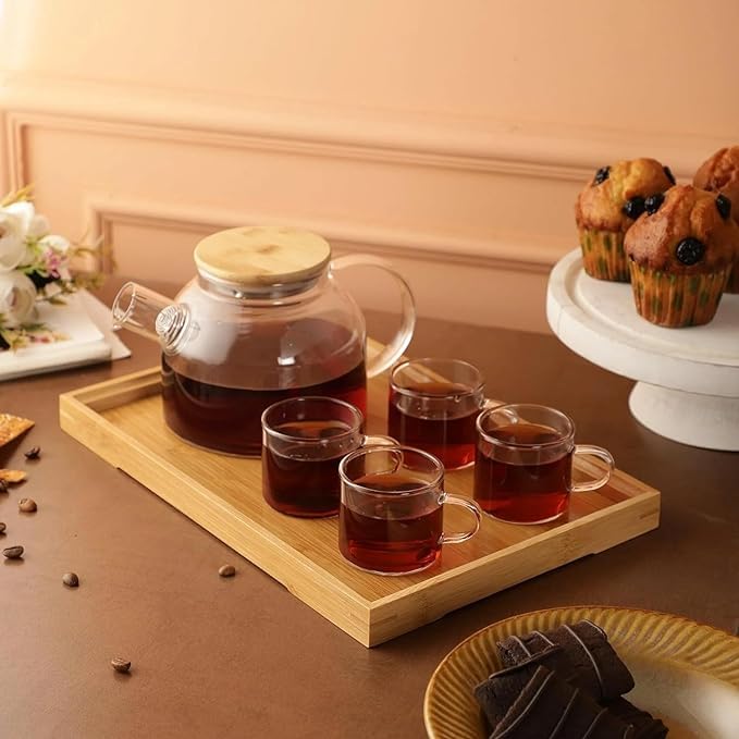 Image of Glass Kettle 1 Teapot Bamboo Lid with 1 Wooden Tray and 4 Tea Cup Tableware Serving Set Heat-Resistant Glass Hot Water Flower Brewed Loose Leaf Tea Filter Spout- Set of 6