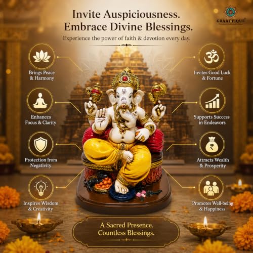 Image of Marble Singhasan Ganpati Idol 8.5 Inch | Lord Ganesha Showpiece for Home Temple, Office Desk, Living Room, Pooja Room | Multicolor Glossy Decorative Statue & Spiritual Gift