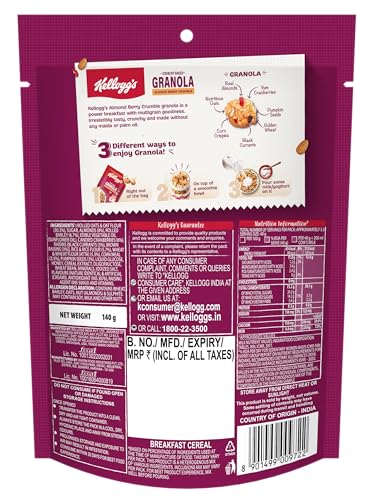 Image of Kellogg's Crunchy Almond Berry Crumble Granola 140g | 12-In-1 Power Breakfast | No Maida, No Palm Oil | Source of Protein & Fibre | Baked Multigrain Clusters