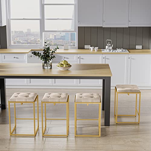 Cozy Castle Velvet Bar Stool, Square Tufted Counter Stool, 24 Inch Island Chairs For Kitchen Counter, Gold Frame Barstool Set Of 2, Beige #TOP6
