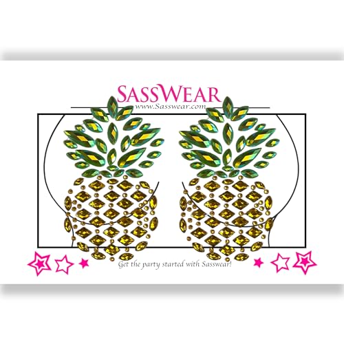 Sasswear Pineapple Jeweled Nipple Pasties, Pasties for Women, Crystal Rhinestone Nipple Cover Pasties for Festivals and Raves, Pasties for Swingers Gold4