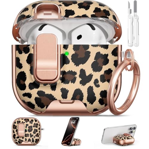 Polislime for AirPods 4 Case, with Safty Lock & Phone Stand for Floral AirPods 4th Generation Case Cover for Women Girly, iPod 4 Case with Keychain & Cleaner Kit- Leopard Print