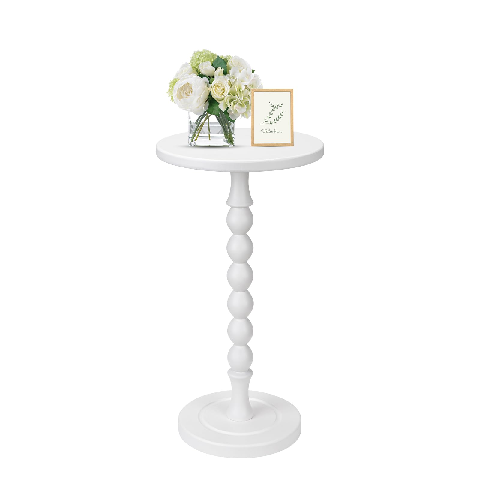 Lampaggio Round Side Table for Small Spaces, Drink Table with Oak Wood Pedestal, Modern End Table Nightstand for Living Room, Bedroom, Office, and Corners, Tool-Free Assembly, White