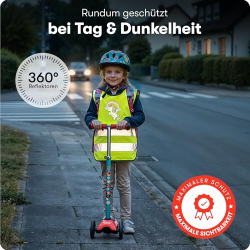 PURAHELP® Warnweste Kinder (3-12 Jahre) Sicherheitsweste [2 Stück - Dino & Einhorn] für den Schulweg, Fahrrad, Kindergarten - Reflektierende Warnweste Gelb